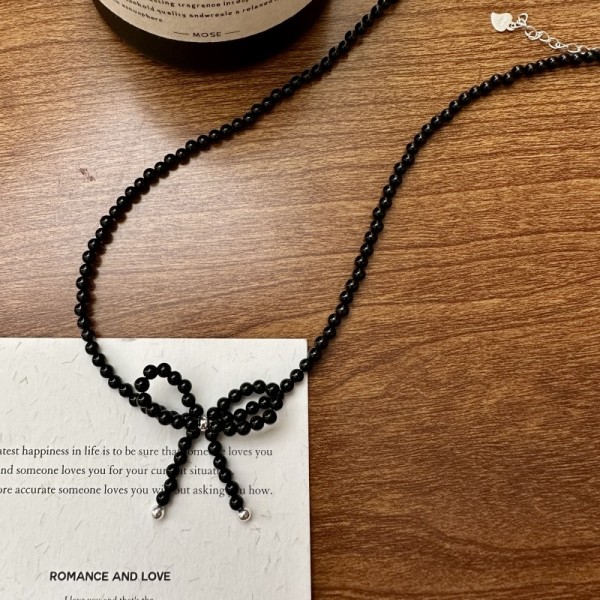 Colier funda din argint cu agate negre – cadou elegant pentru femei, pietre naturale 3 mm, 36 + 5 cm