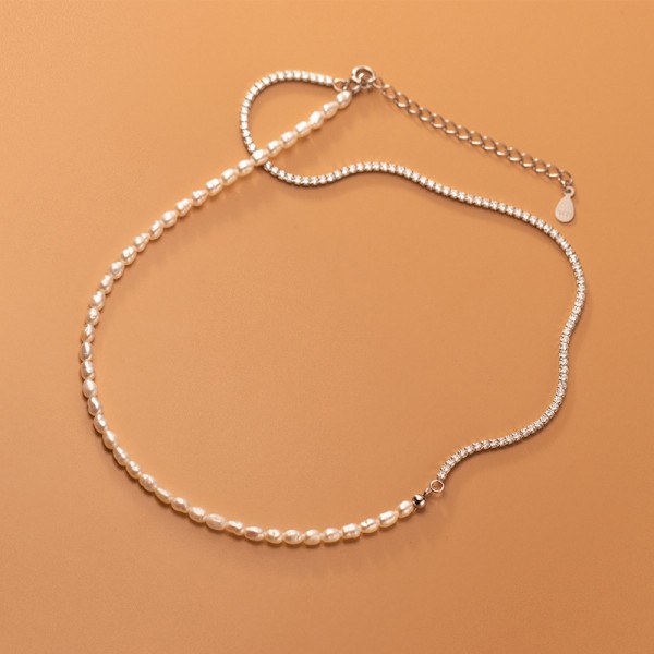 Colier din argint cu perle naturale de cultură și tennis cu zirconii – cadoul perfect pentru femei elegante, argint 925, 37+5 cm, 5,20 gr