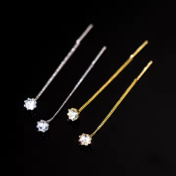 Cercei argint cu lant lung , zirconiu alb, dama, argint 925/ argint 925 placat cu aur, argintiu/auriu, 0,7 gr