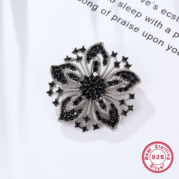 Brosa argint cu pietre negre, martisor de argint, cadou martie mama, martisor educatoare, invatatoare, dama, argint 925 rodiat, argintiu, 7,22 gr