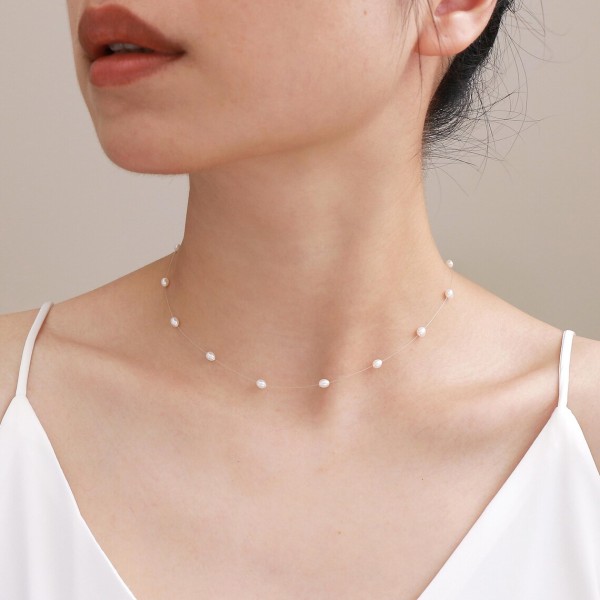 Colier Floating Pearls din argint cu perle cultura 3 mm, colier elegant la baza gâtului, perle naturale plutitoare 3 mm