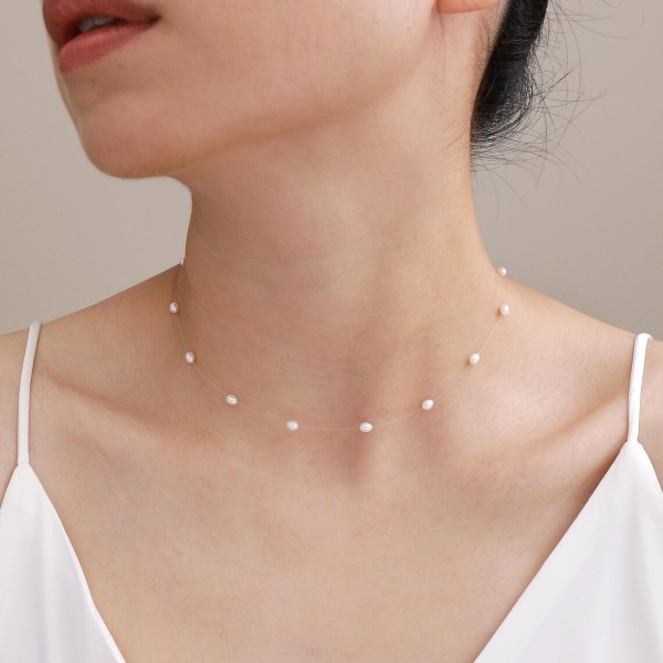 Colier Floating Pearls din argint cu perle cultura 3 mm, colier elegant la baza gâtului, perle naturale plutitoare 3 mm