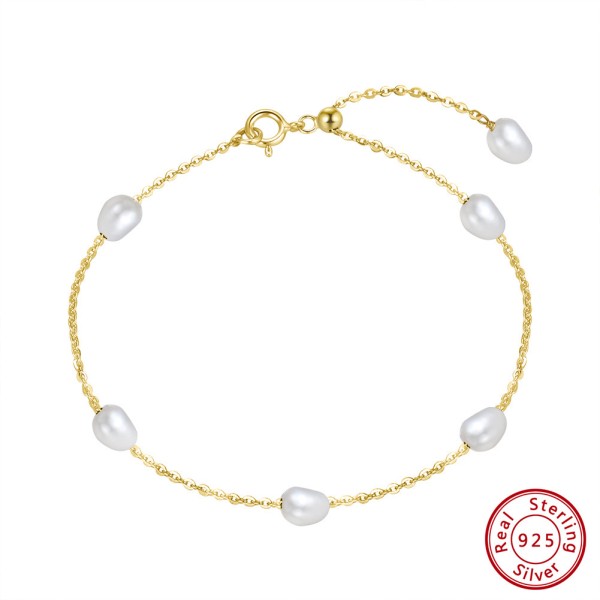 Bratara de picior din argint si perle naturale mici 4 mm, argint 925/argint 925 placat cu aur, lant si perla de cultura, reglabila, glezna femei, bijuterii vacanta, 1,79 gr