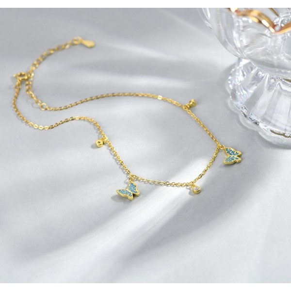 Bratara de picior din argint cu fluturasi, dama, pentru glezna femei, model finut de vara, cristale shiny si fluture turcoaz, argint 925 rodiat/argint 925 placat cu aur galben, 21 + 5 cm, 2,01 gr
