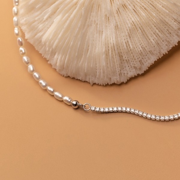 Colier din argint cu perle naturale de cultură și tennis cu zirconii – cadoul perfect pentru femei elegante, argint 925, 37+5 cm, 5,20 gr