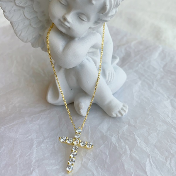 Lănțișor Cruce din Argint 925 cu Pietre Strălucitoare, Auriu/Argintiu, Model CROSS, 40+6cm, 2,84 gr
